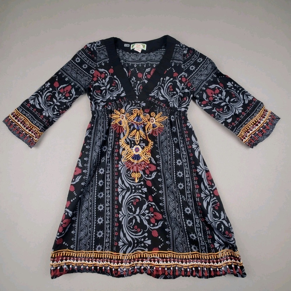 Flying Tomato Boho Embroidered Dress Size Med Black Multicolor V-Neck 3/4 Sleeve